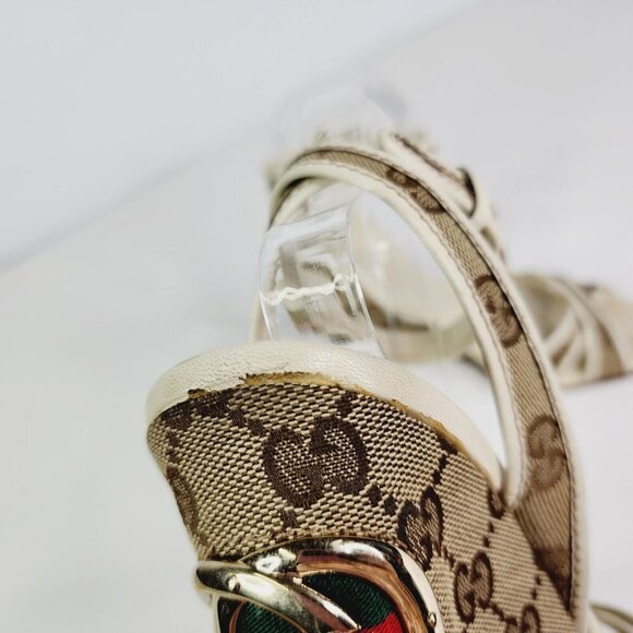 GUCCI Beige GG Canvas Monogram Cross Strap Wedge Ankle Strap Sandal Size 6.5 B - Picture 6 of 16